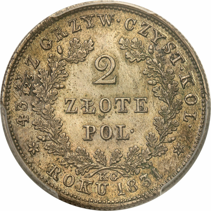 Powstanie Listopadowe. 2 złote 1831, Warszawa ODMIANA BEZ POCHWY PCGS AU